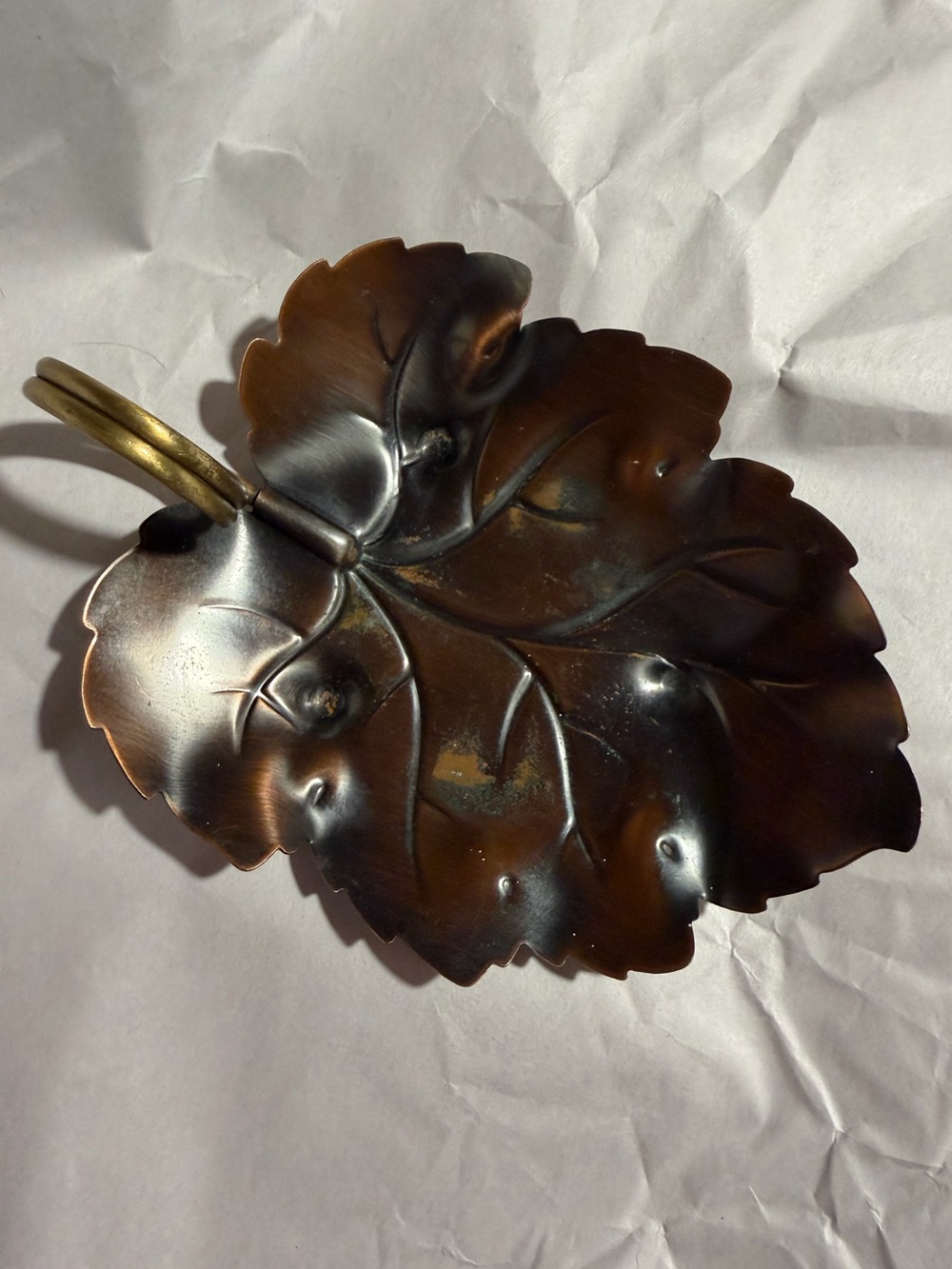 Vintage Copper Guild Decorative Metal Leaf Trinket Tray with Brass Finger Loop